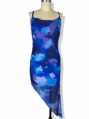 NWOT Asymmetrical Blue Watercolor Slip Dress